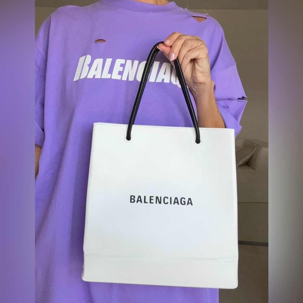 Balenciaga North South White & Black Leather Shopping Tote Crossbody
